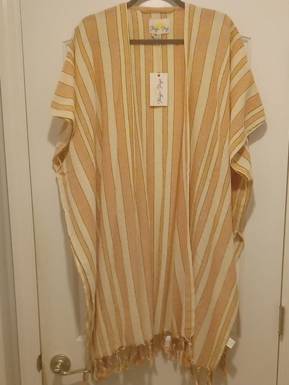 Striped Fringe Kimono Cover-Up in Dark Pink & Cream